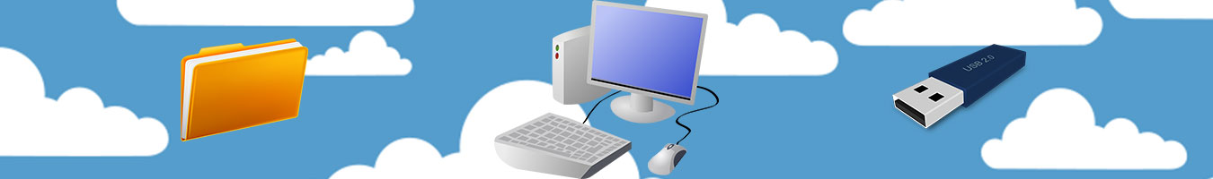 decorative banner: cloud background with computer, file folder, and thumb-drive images
