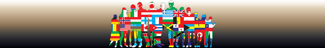 graphic of graoup of people overlayed with different country's flags