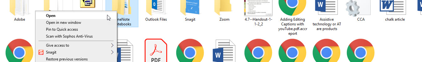 file icons sitting behind the right-click menu with pointer sitting at "Open" on the menu
